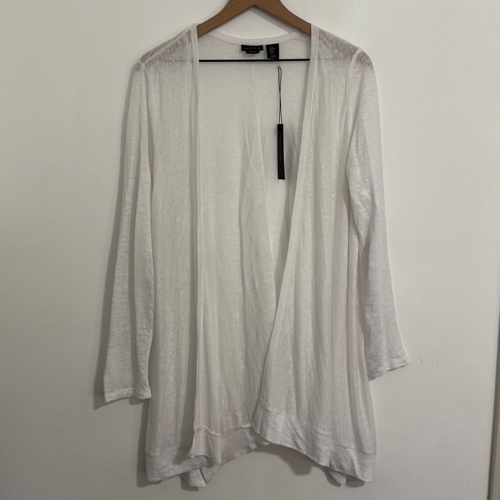 Tahari Cardigan Womens M White 100% Linen Sheer Open Front Lightweight Coastal